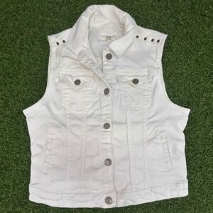 OVS White Denim Vest Studded Shoulder Sleeveless Button Front Jacket Large